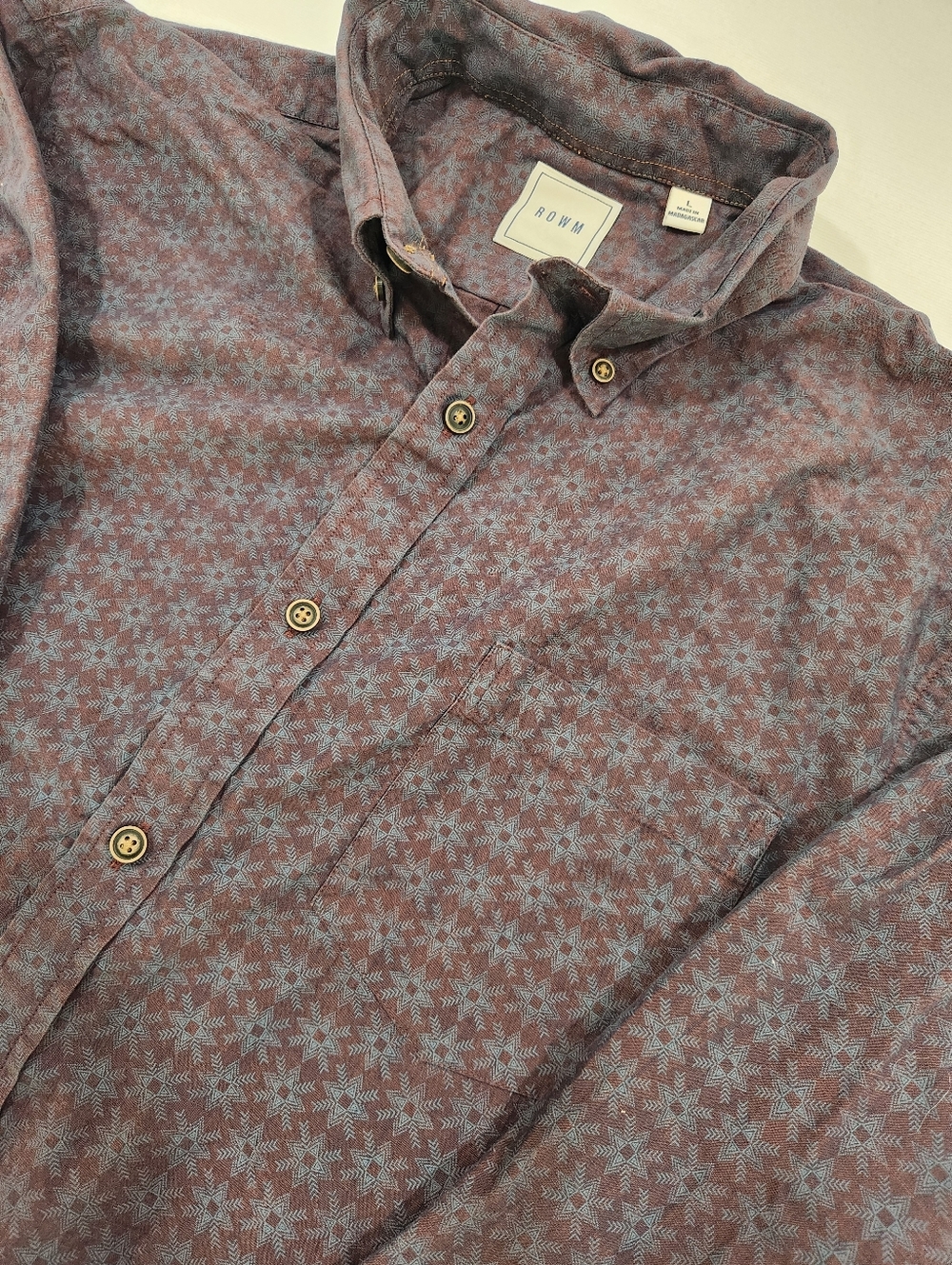 ROWM Men’s Large Geometric Button-Up Shirt Purple/Blue Long Sleeve Cotton